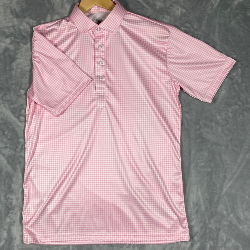 Collars & Co Mens Pink Gingham Performance Polo Shirt Short Sleeve Medium - Picture 2 of 7